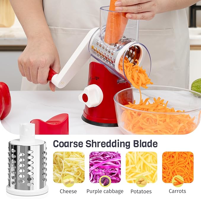 Cheese Grater Hand Crank, Rotary Cheese Shredder with 3 Interchangeable Blades for Coarse, Fine Shredding and Slicing, Strong Suction Base for Pizza, Pasta, Salad, Vegetables, Nuts, Chocolate