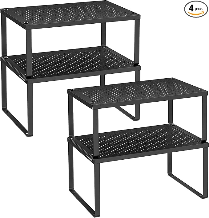 SONGMICS Spice Racks, Set of 4 Metal Cabinet Shelf Organizers, Countertop Organizers, Shelf Risers, Stackable, Expandable, Ink Black UKCS006B01