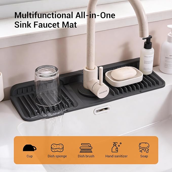 Faucet Mat for Kitchen Sink, 17.7"X5.5" Silicone Sink Splash Guard with Soap Holder, Snap-On Design & 7°slope Fast Drain, Folding Sink Faucet Mat for Universal Kitchen Bathroom Sink（Black）