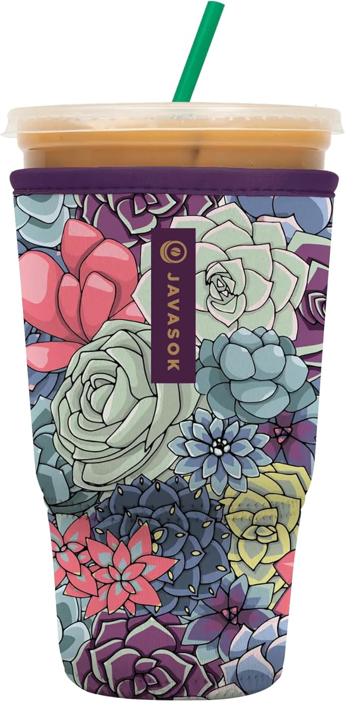 Sok It JavaSok Iced Coffee & Cold Soda Insulated Neoprene Cup Sleeve (Succulents, Large: 30-32oz)