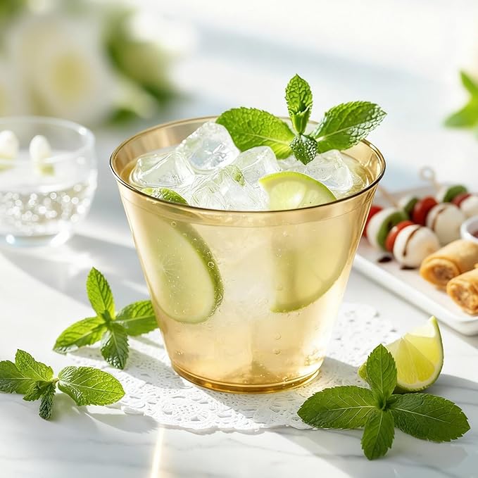 9 oz Clear Plastic Cups Glod Plastic Disposable Cups for Cocktail 50 Pack Fancy Cocktail Cup for Party Stemless Wine Glasses for Party Wedding Graduation Birthday World Cup