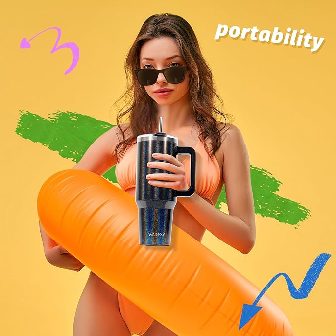 30 oz Shiny Tumbler with Handle and Straw,Stainless Steel Tumbler with Lid and Straw,Insulated Travel Mug(Cold for 34 Hours),Water Bottle for Iced Tea,Coffee (Black)