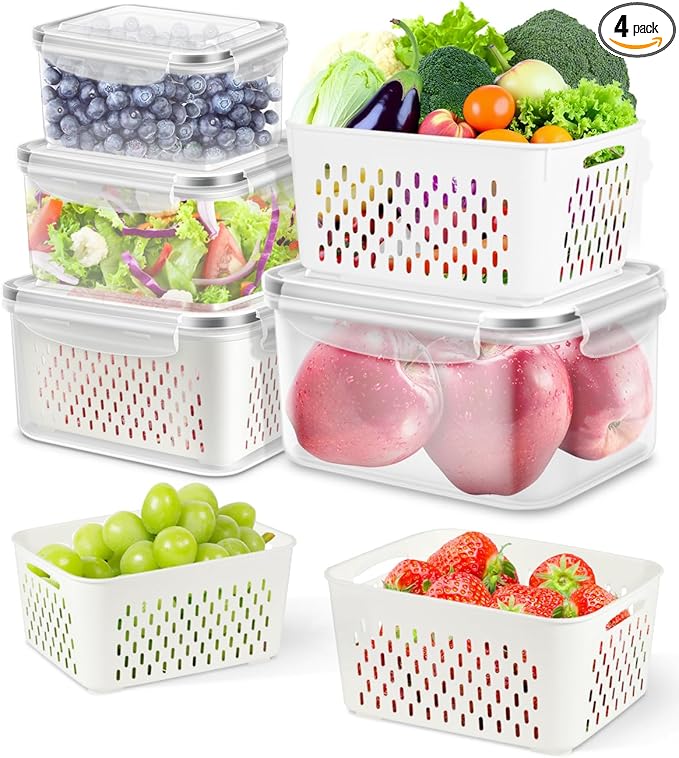 TBMAXS 4 Pack Food Storage Containers Fruit Containers for Fridge with Colander Airtight BPA Free Plastic Berry Keeper Container Produce Saver Vegetables Keep Fresh