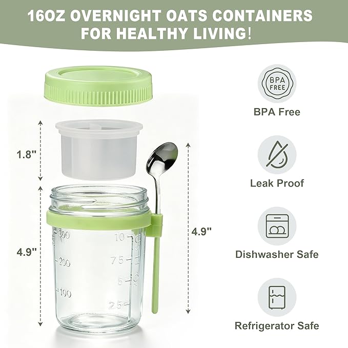 4Pcs Overnight Oats Containers with Lids and Spoons,16oz Glass Meal Prep Jars with Measurement Marks, Leak-Proof Breakfast Food Storage for Yogurt, Cereal, Salad, BPA-Free (4 Colors)