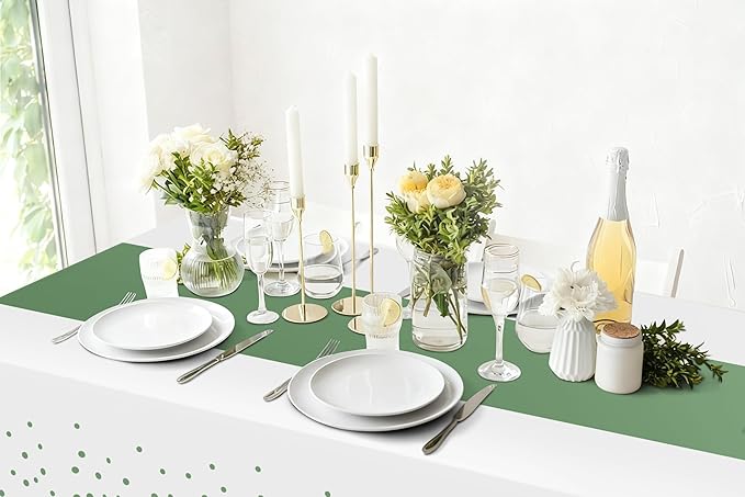 Smiry Plastic Table Cloth Disposable 8 Pack, 54 x 108 Inch Rectangle Waterproof Tablecloth, Printed Gold Table Runner Style for Birthday Weeding, Party, Leakproof & Sturdy, White and Sage Green