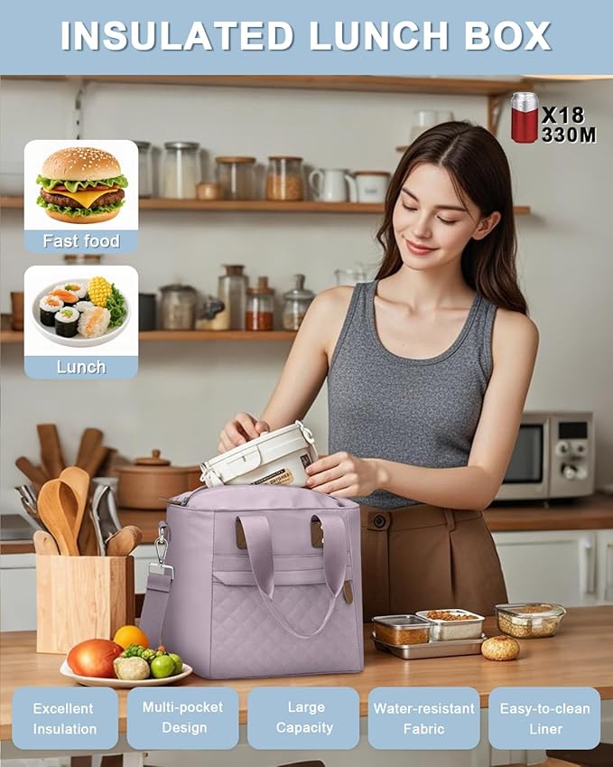 Insulated Lunch Box for Kids School - Large Thermal Lunch Bag Women with Removable Shoulder Strap, Reusable Lunch Cooler Tote Bags Purse for Adults Work, Picnic, Hiking, Beach, Travel, LargePurple