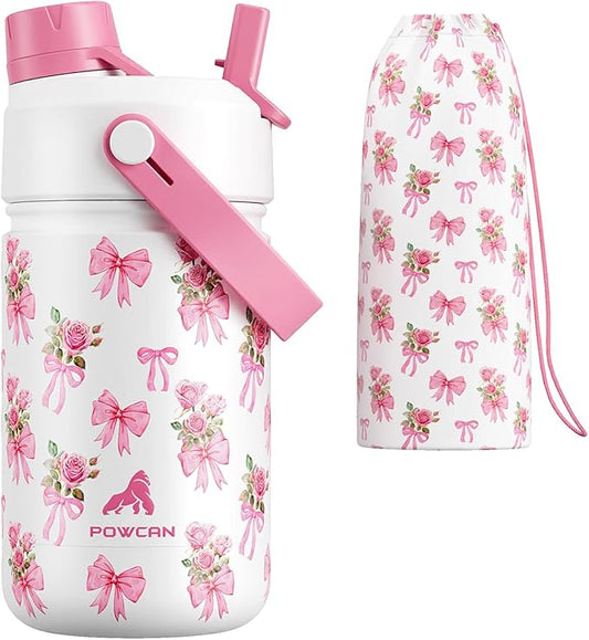 12 oz Insulated Girls Water Bottle: Spill-Proof, Stainless Steel Cup with Straw Spout Lid, BPA-Free, Cupholder Friendly, 24H Cold for Camping, School, Sports, Birthday Gift for Kids (Rosy Bouquet)