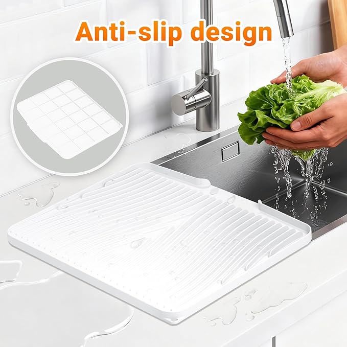 Silicone Dish Drying Mat for Kitchen Counter, Non-Slip Drain Pad, Dish Drying Pad, Easy to Clean Dish Rack Pad, Multi-Use as Heat Resistant Trivet, 15.8" x 13" , Ivory