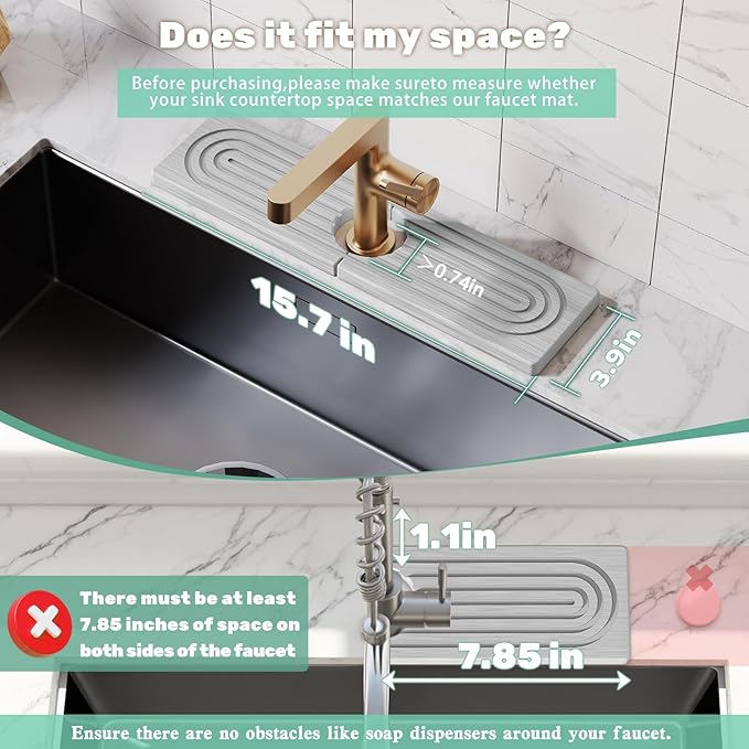 15.7 Inch Long Stone Faucet Mat for Kitchen Sink-Diatomite Quick Dry Kitchen Sink Splash Guard,Super Absorbent, Stone Quick Dry Around Faucet (Light Grey)