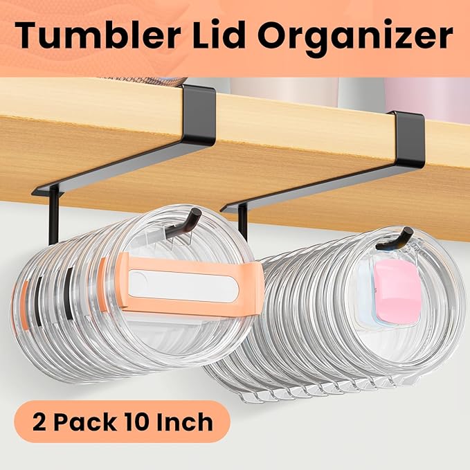 2 Pack Large Tumbler Lid Organizer, Under Cabinet Cup Lid Holder for Yeti Insulated Mug/Stanley Insulated Mug/Simple Modern Insulated Mug Lid, No Gluing, No Drilling, Up to 10 Lids (Black)