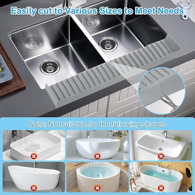 Silicone Faucet Splash Guard 4" x 30", Faucet Water Catcher Mat, Longer Silicone Sink Mat for Kitchen, Bathroom, Laundry Room, Farmhouse for Quartz Kitchen Sink（Gray）