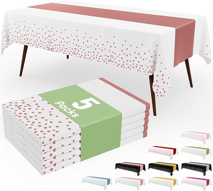 Smiry Plastic Table Cloth Disposable 5 Pack, 54 x 108 Inch Rectangle Waterproof Tablecloth, Printed Gold Table Runner Style for Birthday Weeding, Party, Leakproof & Sturdy, Rose Gold and White