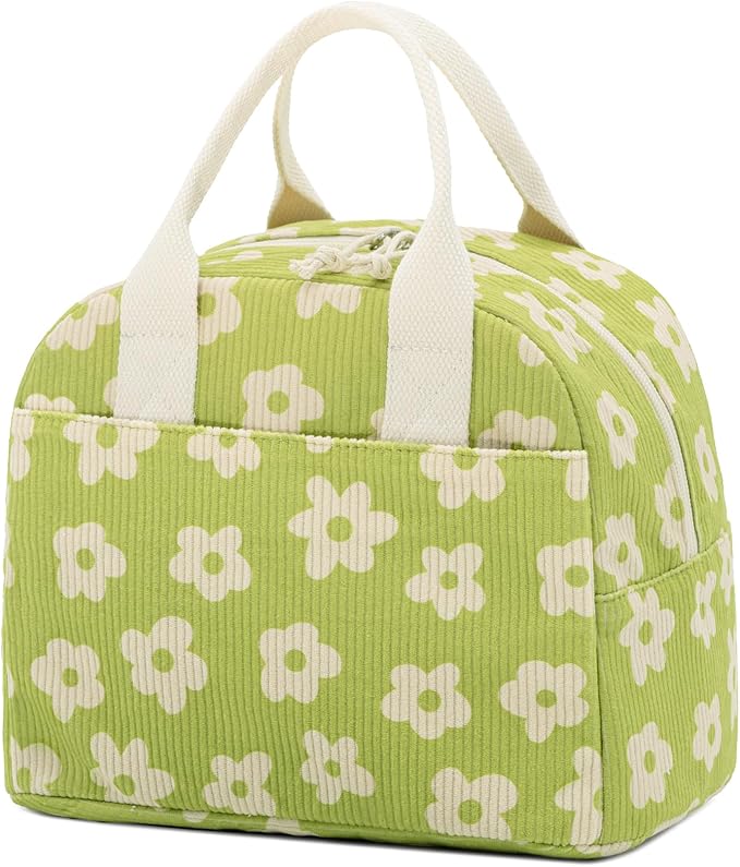 LOVELYWIND Insulated Floral Lunch Bag for Women, Stylish Corduroy Tote with Aluminum Lining, Large Capacity Reusable Cooler for Work, Travel, Beach or Picnic, Creamy Floral Water-Resistant Lunch Box