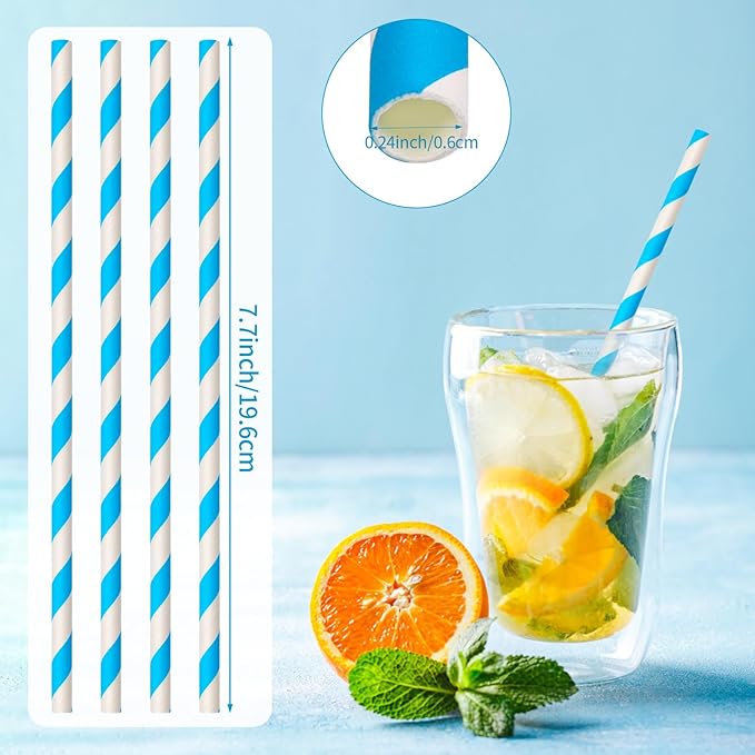 100 Packs Blue Biodegradable Striped Paper Straws, Disposable Drinking Straws for Birthday Carnival Summer Pool Party Wedding Baby Shower Halloween Christmas Party Decoration Supplies