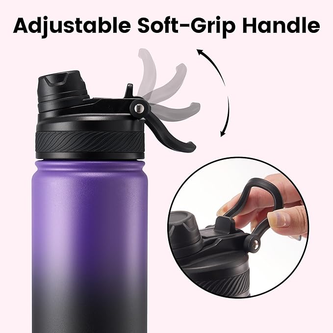 Fijinhom 18 oz Insulated Water Bottle, 2-in-1 Straw and Spout Lid Stainless Steel Thermos, Leak-Proof, Double Wall Vacuum Flask, Keep Cold 24H for Outdoor, Sports, Travel, School (Purple&Black)