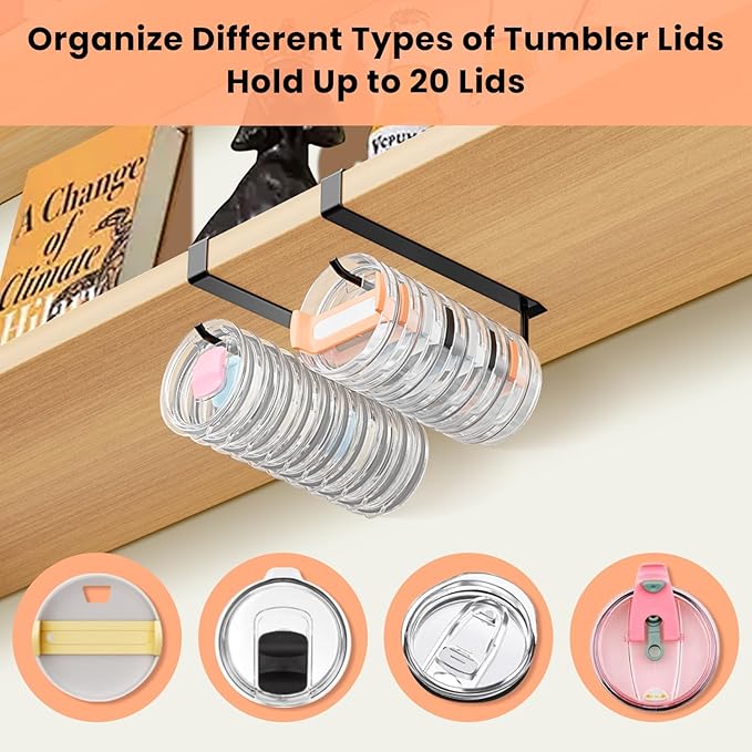 2 Pack Large Tumbler Lid Organizer, Under Cabinet Cup Lid Holder for Yeti Insulated Mug/Stanley Insulated Mug/Simple Modern Insulated Mug Lid, No Gluing, No Drilling, Up to 10 Lids (Black)