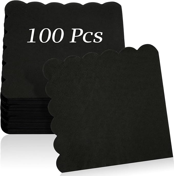 100 Pcs Cocktail Napkins, 2-Ply 5 x 5 Inches Disposable Scalloped Napkins, Thick Premium Dessert Napkins for Party, Wedding, Dinner, Birthday, Anniversary, Festival (Black)