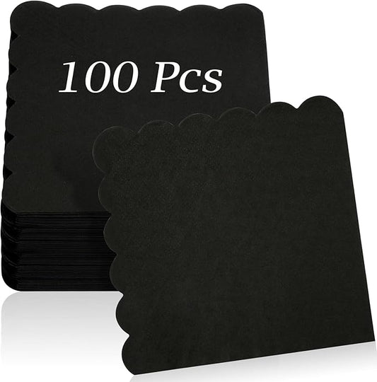 100 Pcs Cocktail Napkins, 2-Ply 5 x 5 Inches Disposable Scalloped Napkins, Thick Premium Dessert Napkins for Party, Wedding, Dinner, Birthday, Anniversary, Festival (Black)