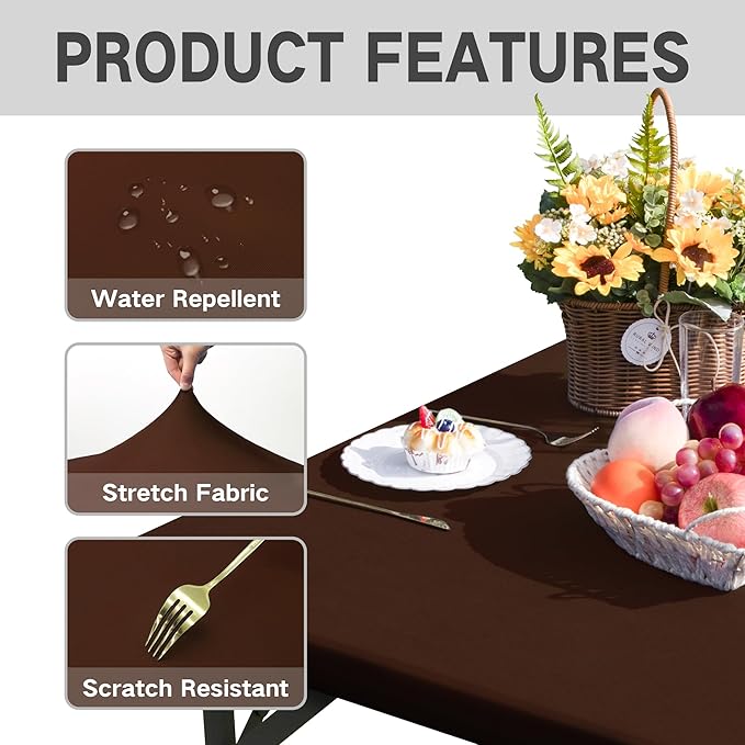 Square Fitted Table Cover Elastic Tablecloth Stretch Spandex Table Top Cover Table Topper Cap for Dining Kitchen Home Party Brown 36X36 Inch