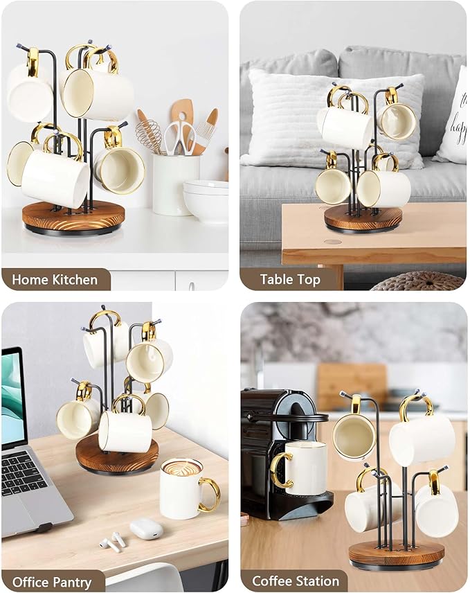 HULISEN 360° Rotating Mug Tree for Large Cups, Counter Coffee Mug Holder with 6 Hooks, Metal Coffee Cup Rack Stand for Countertop with Stable Wooden Base, Kitchen Counter Decor