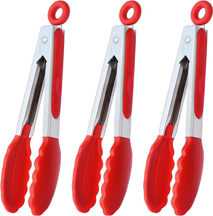 HINMAY 7-Inch Mini Silicone Tongs Small Serving Tongs for Appetizers, Set of 3 (Red)