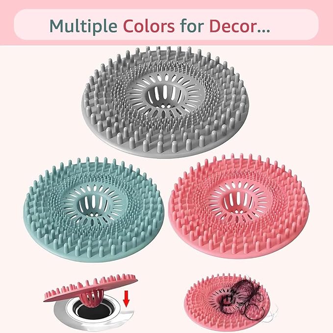 Sink Drain Strainer, Hair Catcher Shower Drain, Bathroom Silicone Bathtub Drain Cover, Bath Tub Kitchen Accessories Trap Collector Remover Protector Stopper Essentials 3 Pack (Patented)