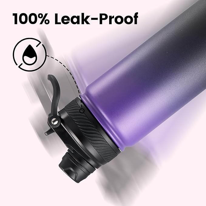 Fijinhom 24 oz Insulated Water Bottle, 2-in-1 Straw and Spout Lid Stainless Steel Thermos, Leak-Proof, Double Wall Vacuum Flask, Keep Cold 24H for Outdoor, Sports, Travel, School (Purple&Black)
