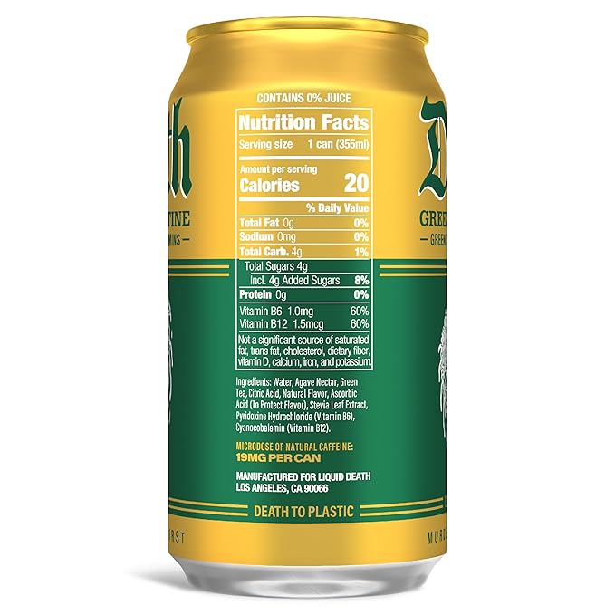 Liquid Death Iced Tea - Green Guillotine (Green Tea), Less Sugar*, Boost of Caffeine, B Vitamins, No Artificial Sweeteners, 12 Fl Oz (Pack of 12)