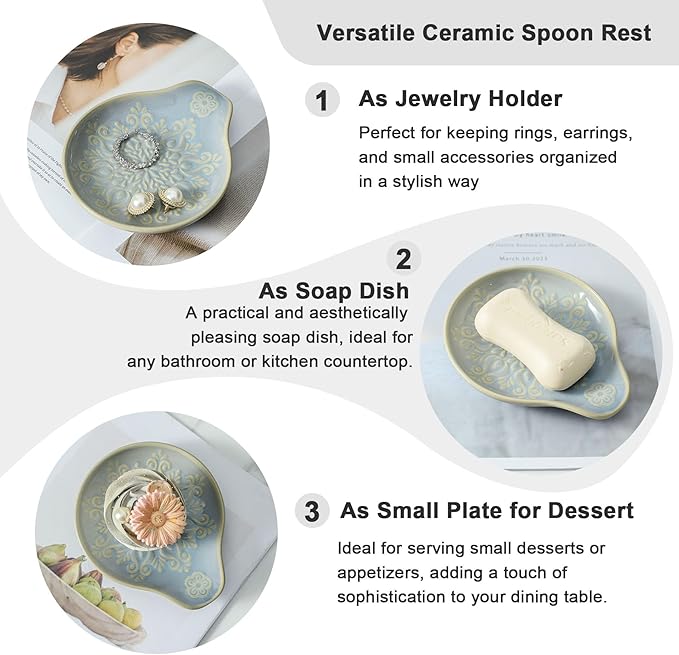 Farmhouse Ceramic Spoon Rests Holder for Kitchen Counter Stove Top (Lightblue-A3)