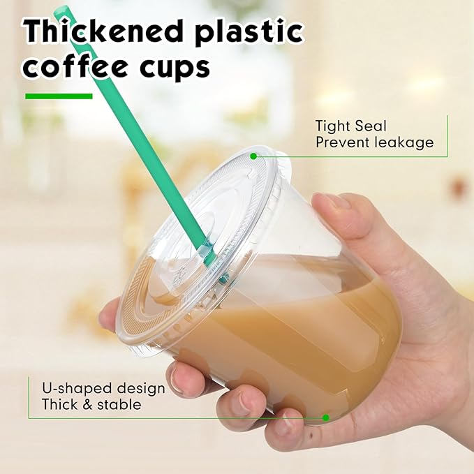 Baderke 25 Set Plastic Cups with Lids and Straws, Disposable Plastic Iced Coffee Cup for Cold Beverage Juice Smoothie Crystal for Coffee Shops Party Catering (Clear,10 oz)
