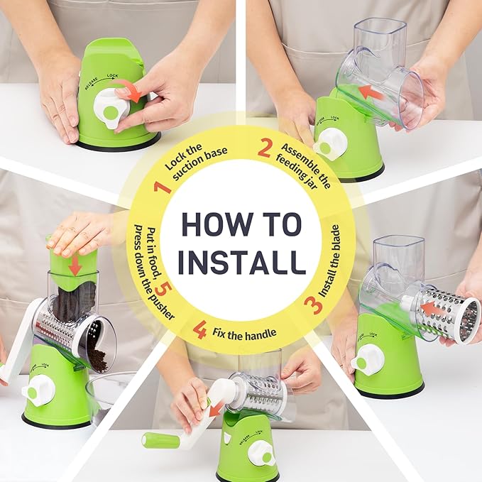 Rotary Cheese Grater Hand Crank, 3 Blades Slicer Shredder, Cheese Grater for Kitchen, Multi-Functional Kitchen Tool for Vegetables, Nuts, Chocolate, with Strong Suction Base, Green