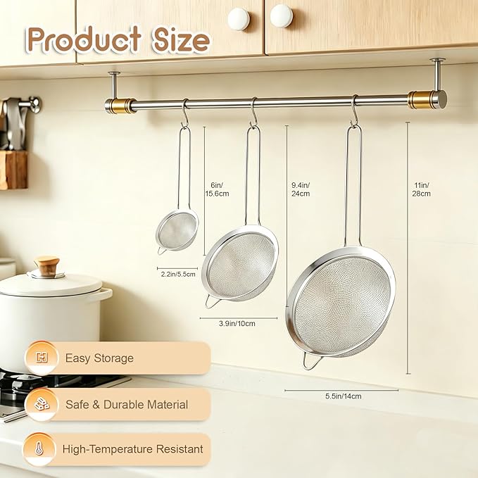 Fine Mesh Strainer Set of 3, Stainless Steel Sieve Sifters with handle, Small Medium Large Size, Kitchen Strainers Colander Set for Sifting, Straining & Cooking
