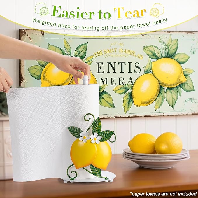 Lemon Paper Towel Roll Holder Countertop - Lemon Housewarming Gifts for Women, Farmhouse Kitchen Decor and Accessories, Vintage Home Yellow Kitchen Counter Decor, 3D Handmade Pattern, Weighted Base
