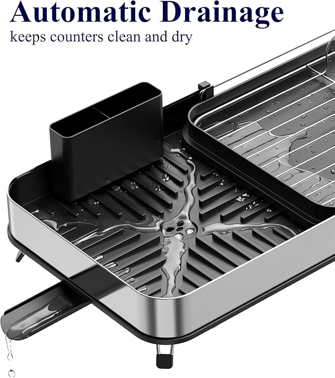 Kitsure Dish Drying Rack - Expandable Stainless Steel Dish Racks for Kitchen Counter, Auto-Drain Drying Rack for Kitchen with Cutlery Holder & Non-Slip Feet, 16.1-26.6" L x 12.6" W, Black