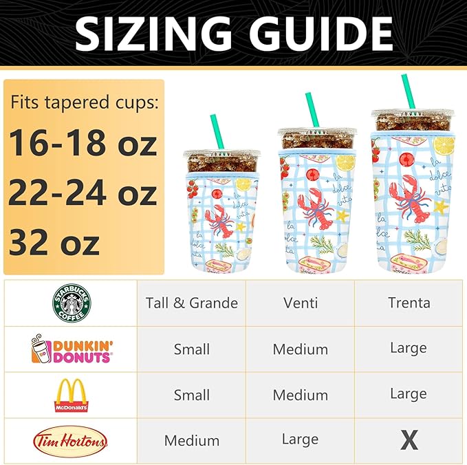 YR Reusable Neoprene Insulator Sleeve for Iced Coffee Cups, 3 Pack Coffee Coolies sleeves for Iced & Hot Drinks, Cold Beverage Cooler Compatible with Starbucks Coffee and More (Lobster)