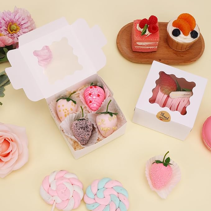 Moretoes 250pcs White Mother's Day Cookie Boxes with Window,4x4x2.5 Inch Small Bakery Boxes, for Small Cake, Treats, Donuts, Candy