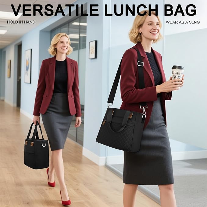 Insulated Lunch Box for Women & Men - Large Thermal Lunch Bag Women with Removable Shoulder Strap, Reusable Lunch Cooler Tote Bags Purse for Adults Work, Picnic, Hiking, Beach, Travel, Medium，Black