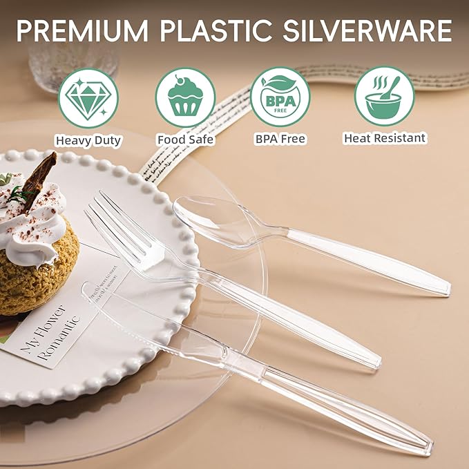 400 Count Clear Plastic Silverware, Extra Heavy Duty Plastic Utensils Set Includes 160 Forks, 160 Spoons and 80 Knives, BPA-Free and Heat Resistant Disposable Cutlery for Party and Daily Use