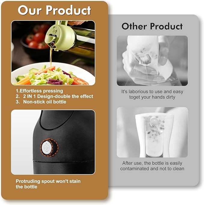 Poshetion 2 in 1 Olive Oil Sprayer for Cooking, 16oz Light-Proof Oil Dispenser for Kitchen, Leak-Proof Oil Spray Bottle for Air Fryer, Salad, BBQ, Baking, Grilling - Black & Green