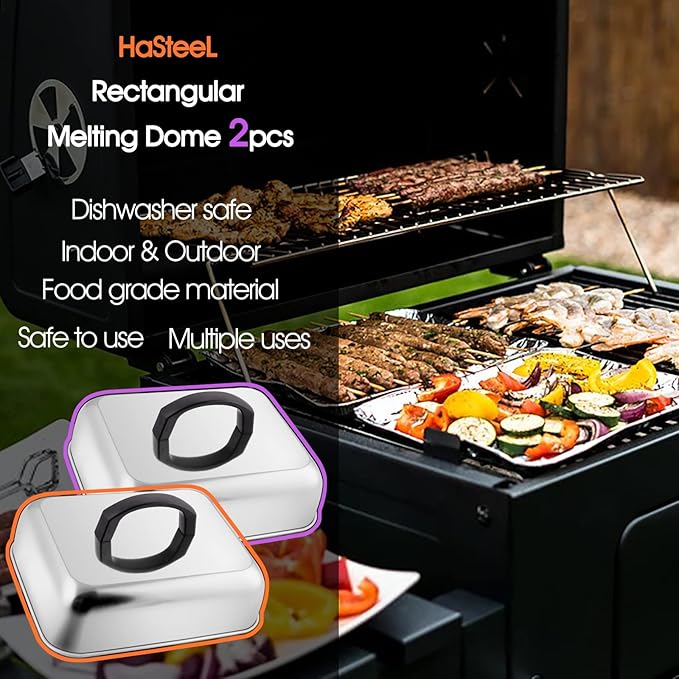 HaSteeL Cheese Melting Dome Set of 2, Stainless Steel Rectangular 9x7 Inch Basting Steaming Cover, Heavy Duty Metal Grill Dome for Flat Top Teppanyaki Barbecue Cooking Indoor/Outdoor, Dishwasher Safe