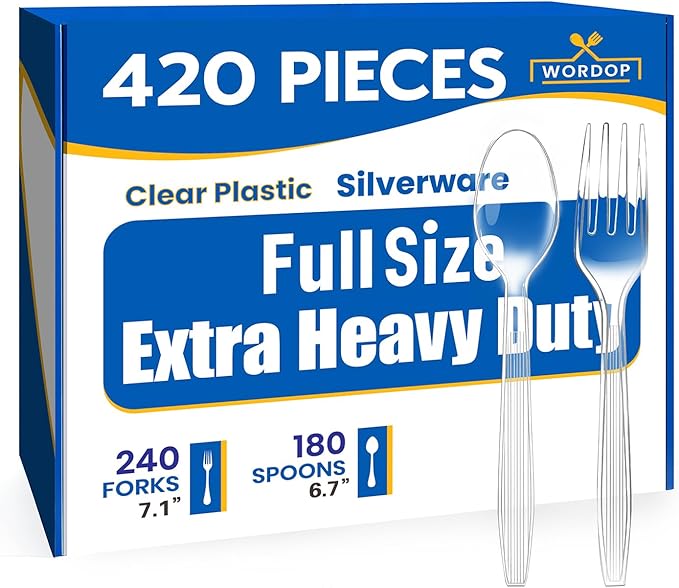 Extra Heavy Duty Plastic Silverware Set – Heat Resistant & BPA Free Disposable Silverware Cutlery Include Forks, Spoons Premium Plastic Utensils for Parties & Events (Clear, 240 Forks-180 Spoons)