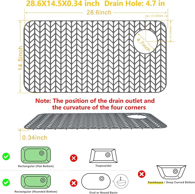 Sink Protectors for Kitchen Sink12"13"16"18"19"24"26"28"29"30",Silicone kitchen sink mats protector for bottom of farmhouse sink(28.6"x14.5"gray)