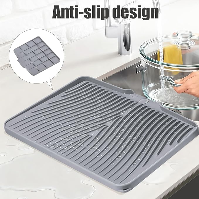 Silicone Dish Drying Mat, Stone Drying Mat for Kitchen Counter with Built-In Drain, Non-Slip Drain Pad with Built-in Drain, Heat Resistant Stone Drying Mat, 1Pcs 20" x 15", Grey