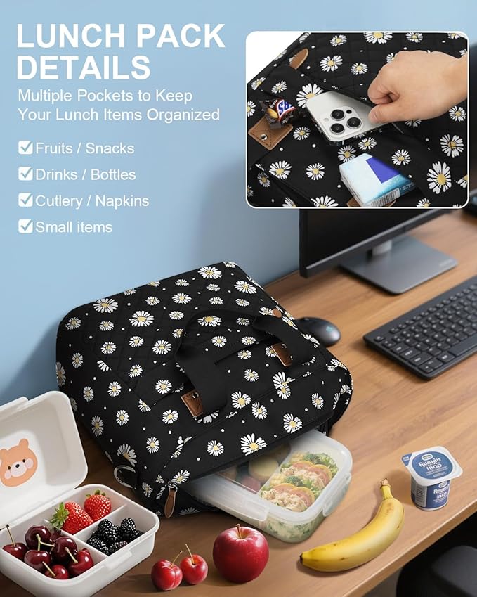 Capolo Insulated Lunch Box for School - Large Thermal Lunch Bag Women with Removable Shoulder Strap, Reusable Lunch Cooler Tote Bags Purse for Adults Work, Picnic, Hiking, Beach, Travel, MediumDaisy