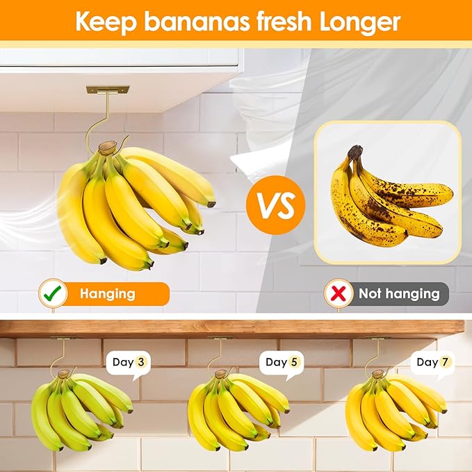 2PCS Self Adhesive Banana Hook Under Cabinet Foldable Banana Hanger Metal Under Counter Banana Hook to Keep Bananas Fresh Banana Holder for Kitchen RV Space Saving, Golden
