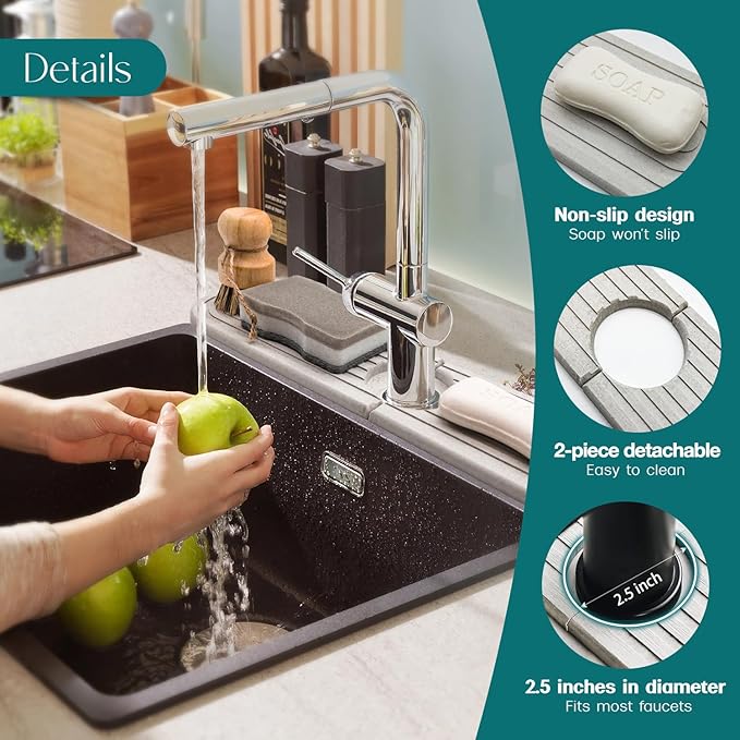 Diatomite Sink Splash Guard - DryingNeat Kitchen Faucet Mat, Instant Dry Water Absorbing Stone Tray for Sink, Durable Protector for Kitchen Bathroom Counter [Light Grey, 17.7" x 3.9"]