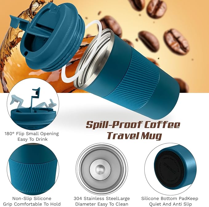 SPLMIFA Vacuum-Insulated Stainless Steel Travel Coffee Mug, Leak-Proof Reusable Coffee Cup with Lid - Keep Hot & Cold Drinks for Hours, Durable Insulated Tumbler for Men & Women(3rd-Blue, 12OZ)