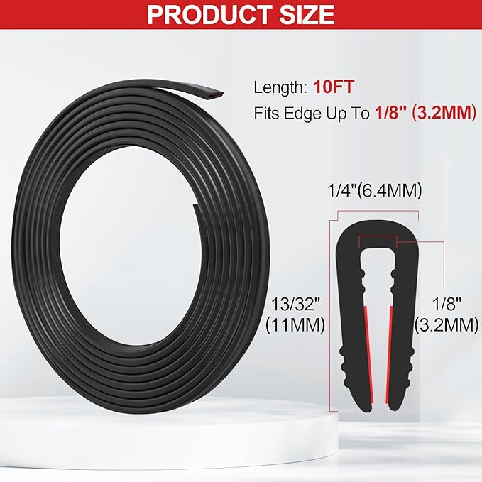 ToLanbbt Rubber Edge Trim U Channel - 1/8" Self Adhesive Sheet Metal Edge Guard Protector, EPDM Seal Strip for Car Doors, Steel Plates, Glass, Hatches, Table Corners, Fit 1/8"(3.2mm), 10Ft, Black