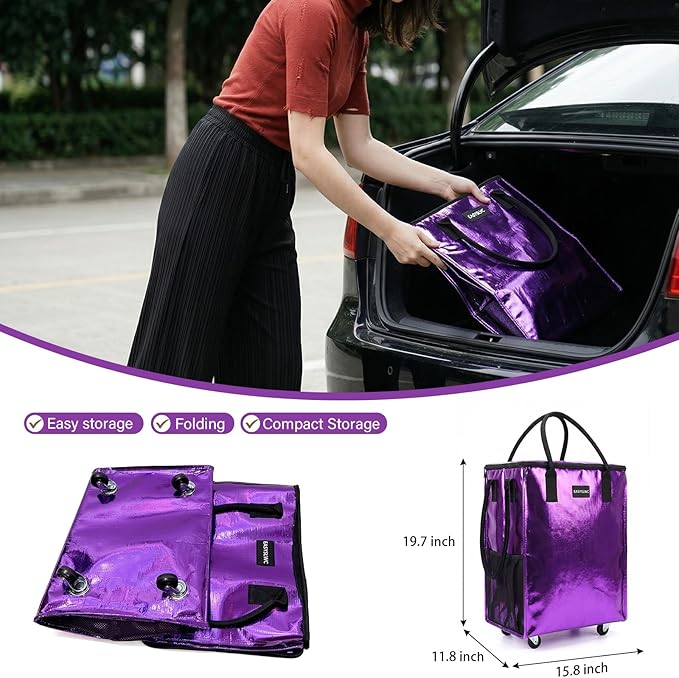 Reusable Hauler Rolling Tote Bag, Collapsible Portable Shopping Bag with Wheels for Groceries, Apartments Laundry, Organization , Heavy Duty Utility Tote Bag, Travel and Moving, 75lbs, Glossy Purple