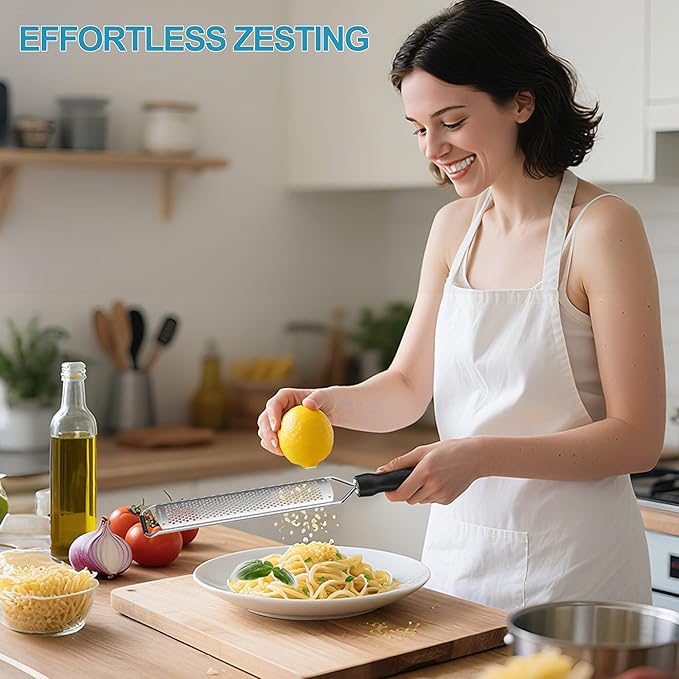 Zester Grater, Lemon Zester Grater with Handle, Premium Stainless Steel Citrus Zester for Parmesan, Garlic, Chocolate, Ginger, Non-Slip Grip, Safety Cover & Cleaning Brush, Black
